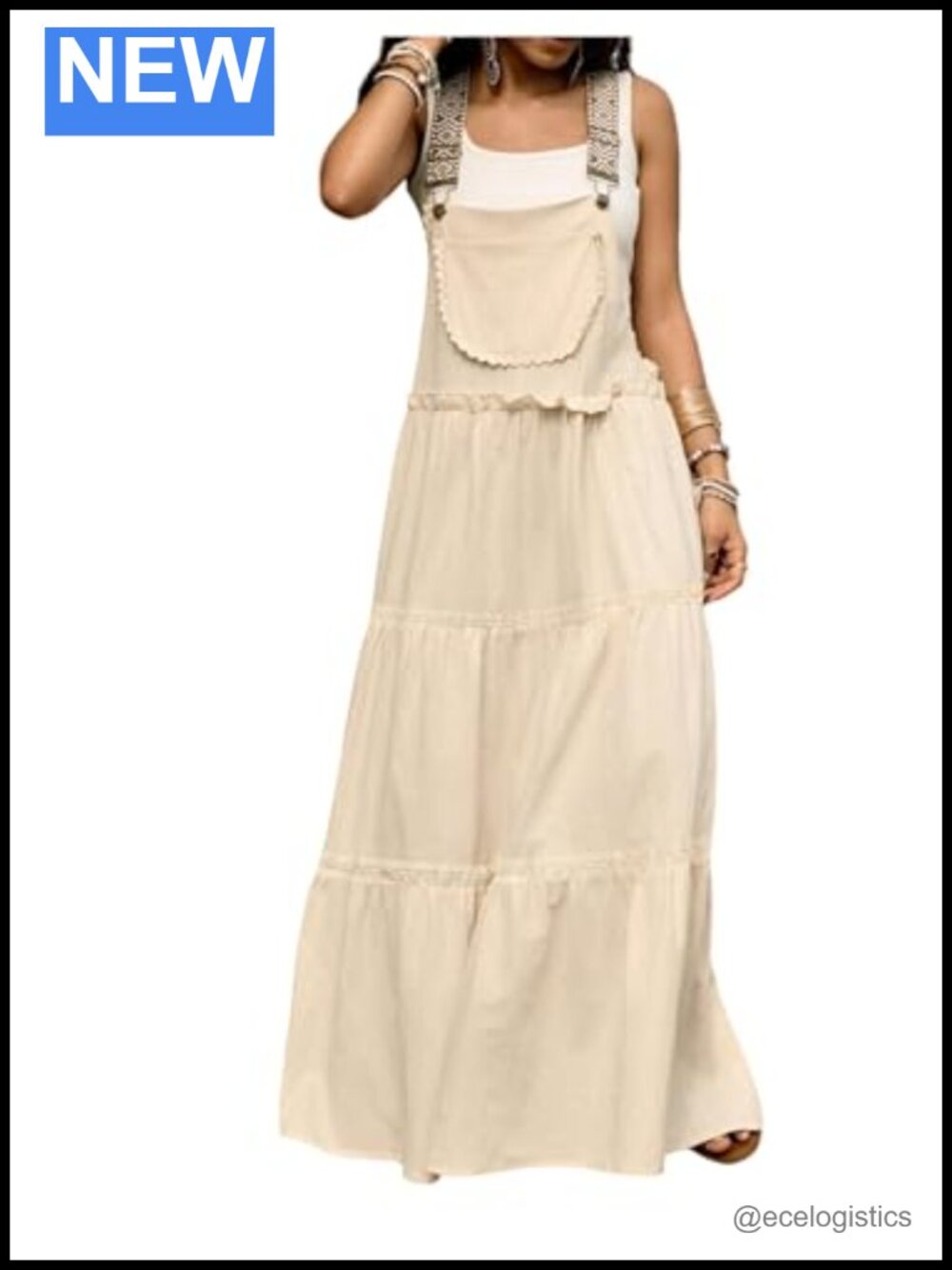 WDIRARA Women's Boho Overall Dress Embroidered Straps Ruffled Hem